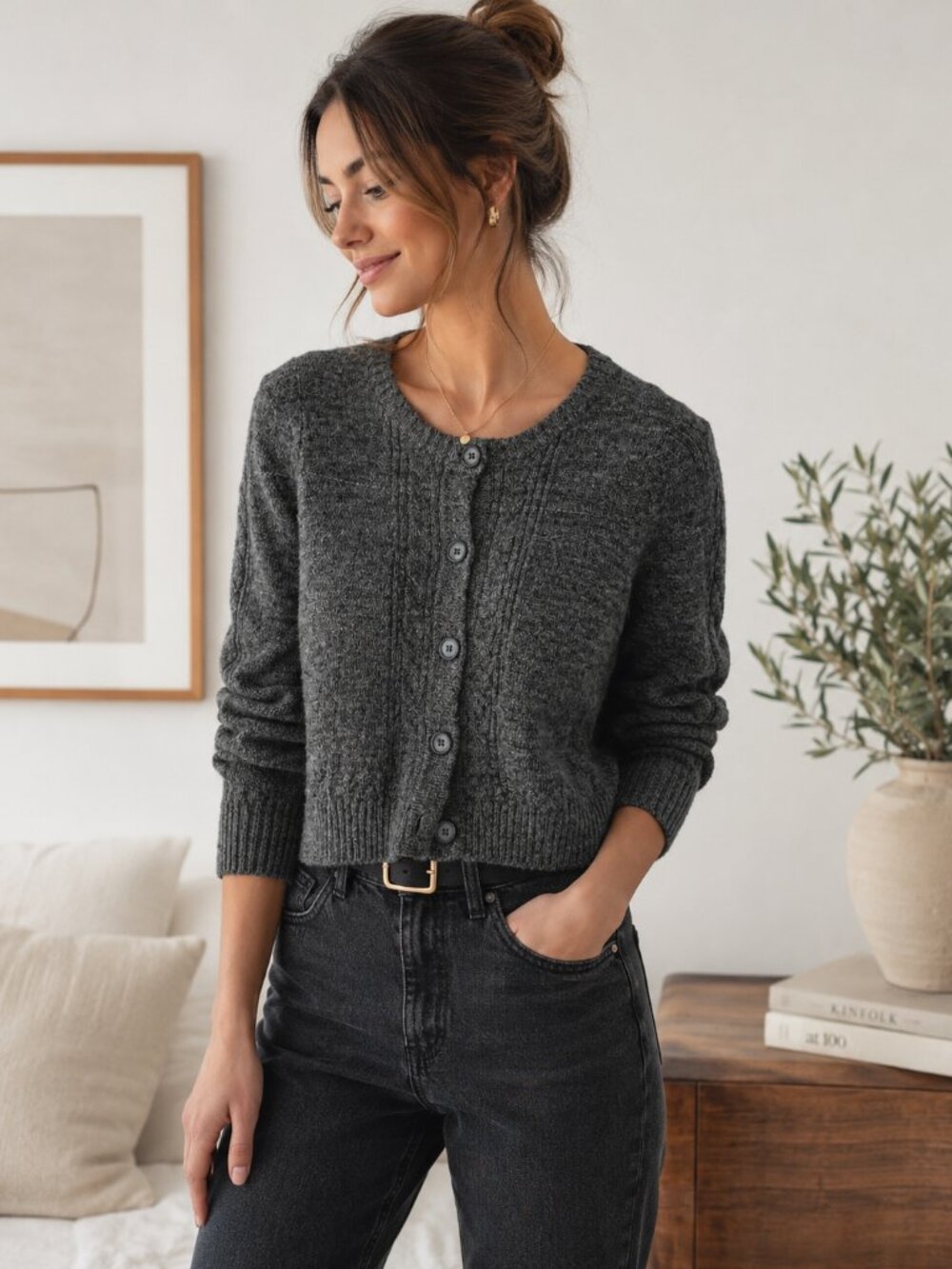 H&M SZ S Wool Blend Mixed Media Button Front Cardigan In Charcoal